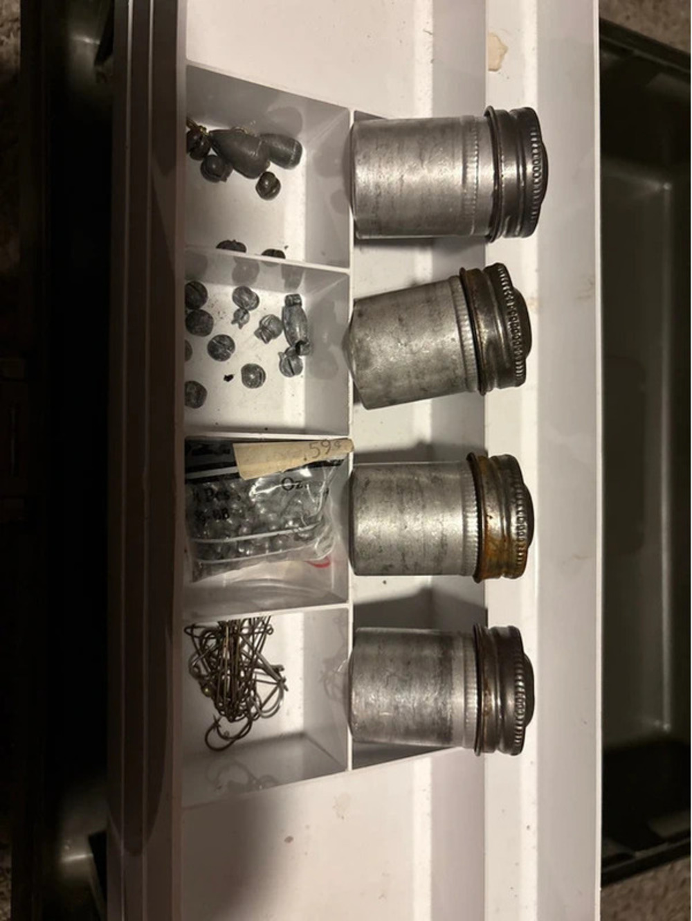 4 vintage fishing tackle screw top tins with sinkers and hooks